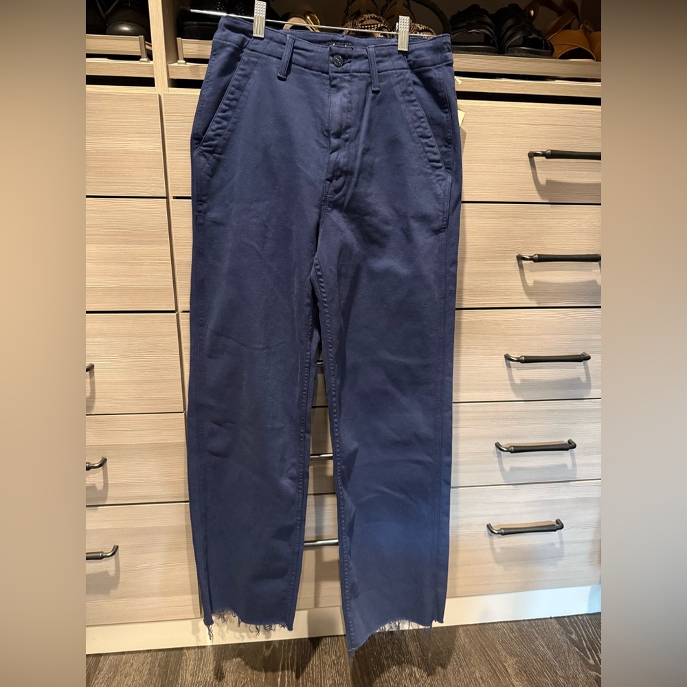 NWT Mother The Major Zip Sneak Fray Insignia Blue Straight Jeans in Size 28